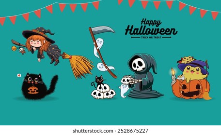 Diseño de póster de Antiguas Halloween con bruja de Vector, esqueleto, segador, rana, fantasma, gato o personaje de linterna. 