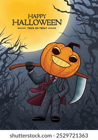 Vintage Halloween cartaz design com vetor jack o personagem lanterna. 