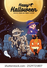 Vintage Halloween poster design with vector mummy, witch, ghost character. 