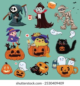 Diseño de póster de Antiguas Halloween con segador de Vectores, vampiro, momia, bruja, fantasma, personaje de gato. 