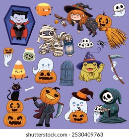 Diseño de póster de Antiguas Halloween con segador de Vectores, vampiro, momia, bruja, fantasma, personaje de gato. 