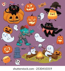 Vintage Halloween poster design with vector witch, ghost, cat, zombie character. 