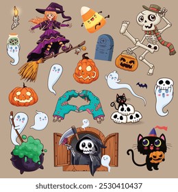 Diseño de póster de Antiguas Halloween con segador de Vectores, bruja, esqueleto, zombi, fantasma, personaje de gato. 