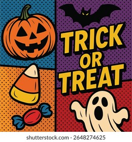 Vintage Halloween poster design with vector ghost, pumpkin character. 