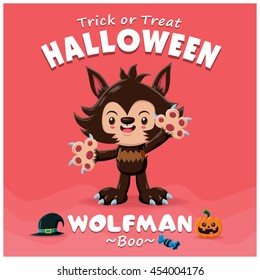 Vintage Halloween poster design with vector Wolfman character.