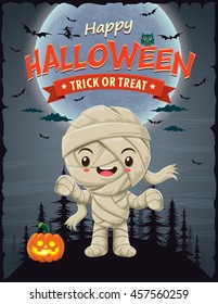 Vintage Halloween poster design with vector mummycharacter.