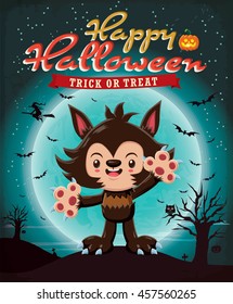 Vintage Halloween poster design with vector wolf man character.