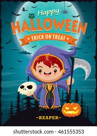 Vintage Halloween poster design with vector reaper character.
