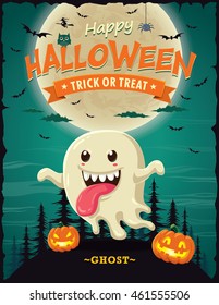 Vintage Halloween poster design with vector ghost character.