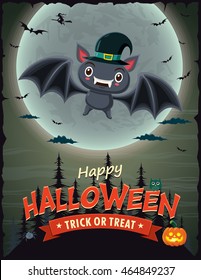 Vintage Halloween poster design with vector bat character.
