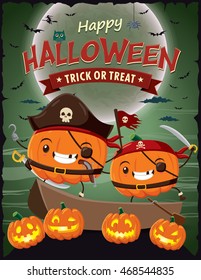 Vintage Halloween Poster Design With Vector Pirate Character.