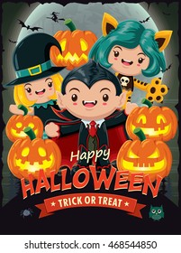 Vintage Halloween poster design with vector vampire, witch, cat character.