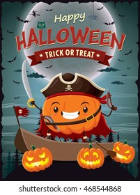 Vintage Halloween Poster Design With Vector Pirate Character.