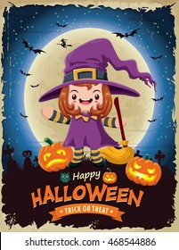 Vintage Halloween poster design with vector witch character.