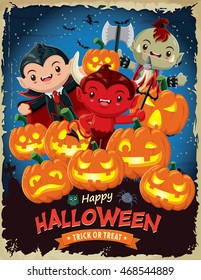 Vintage Halloween poster design with vector vampire, orc, demon character.