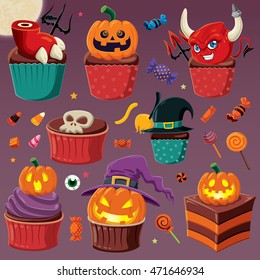 Vintage Halloween poster design with vector cupcake character.