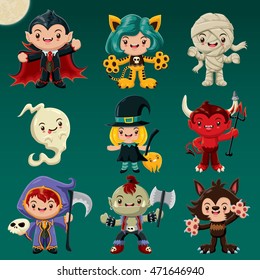 Vintage Halloween poster design with vector witch, vampire, mummy, demon character.