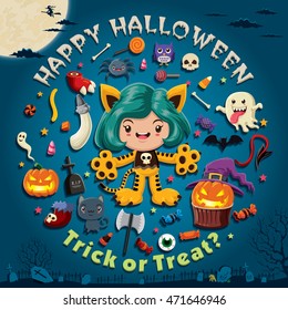 Vintage Halloween poster design with vector cat character.