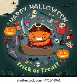 Vintage Halloween poster design with vector pirate character.