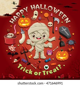 Vintage Halloween poster design with vector mummy character.