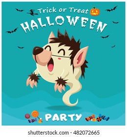 Vintage Halloween poster design with vector ghost wolfman character.