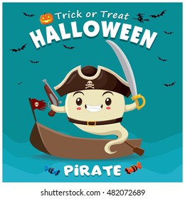 Vintage Halloween poster design with vector ghost pirate character.
