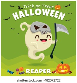 Vintage Halloween poster design with vector ghost reaper character.