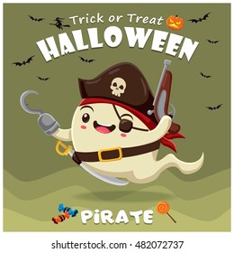 Vintage Halloween poster design with vector ghost pirate character.