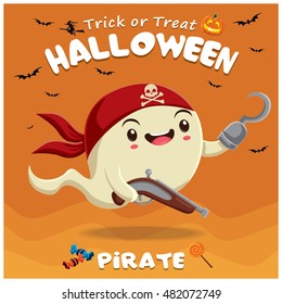 Vintage Halloween poster design with vector ghost pirate character.