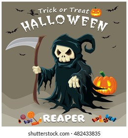 Vintage Halloween poster design with vector reaper character.