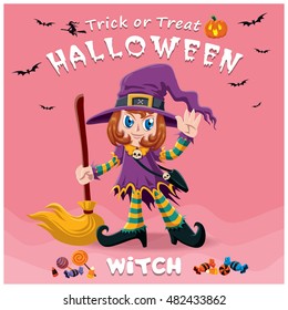 Vintage Halloween poster design with vector witch character.