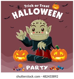 Vintage Halloween poster design with vector monster character.