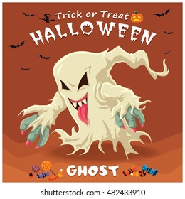 Vintage Halloween poster design with vector ghost character.