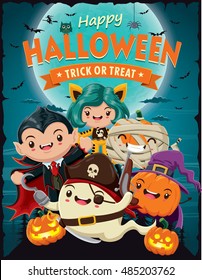 Vintage Halloween poster design with vector pirate, vampire, witch, mummy character.