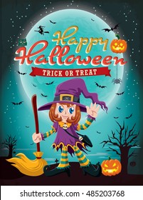 Vintage Halloween poster design with vector witch character.