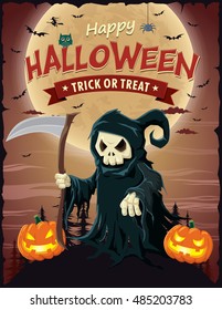 Vintage Halloween poster design with vector reaper character.