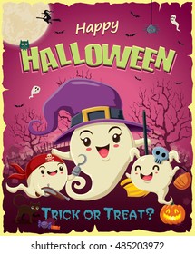 Vintage Halloween poster design with vector pirate & witch character.