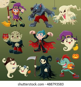 Vintage Halloween poster design with vector ghost, vampire, pirate, witch, wolfman, reaper, devil character.