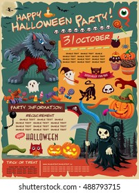 Vintage Halloween poster design with vector ghost, witch, wolfman, reaper, devil character.