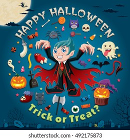 Vintage Halloween poster design with vector vampire character.