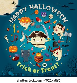 Vintage Halloween poster design with vector ghost pirate character.