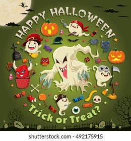 Vintage Halloween poster design with vector ghost character.