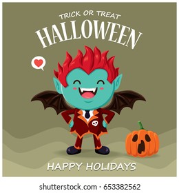 Vintage Halloween poster design with vector vampire character. 