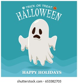 Vintage Halloween poster design with vector ghost character. 