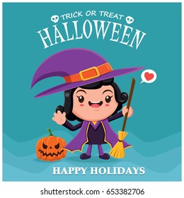 Vintage Halloween poster design with vector witch character. 