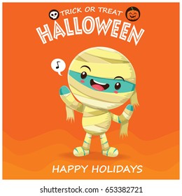 Vintage Halloween poster design with vector mummy character. 