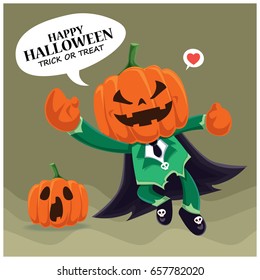 Vintage Halloween poster design with vector jack O lantern character. 