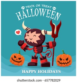 Vintage Halloween poster design with vector demon character. 