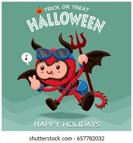 Vintage Halloween poster design with vector demon character. 