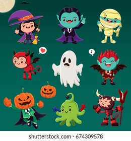 Vintage Halloween poster design with vector demon, witch, vampire, mummy, ghost, alien, monster character. 